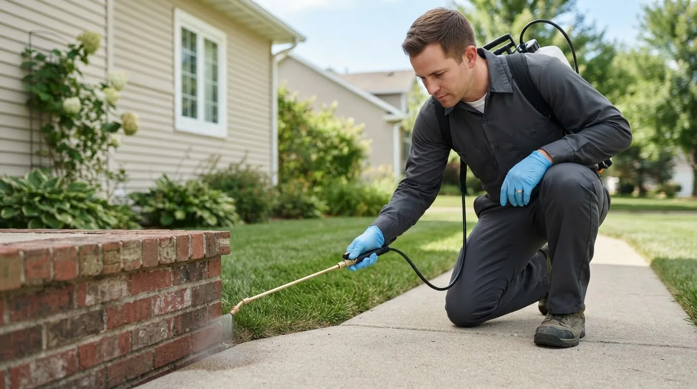 Pest control technician treating a home near Limington, ME